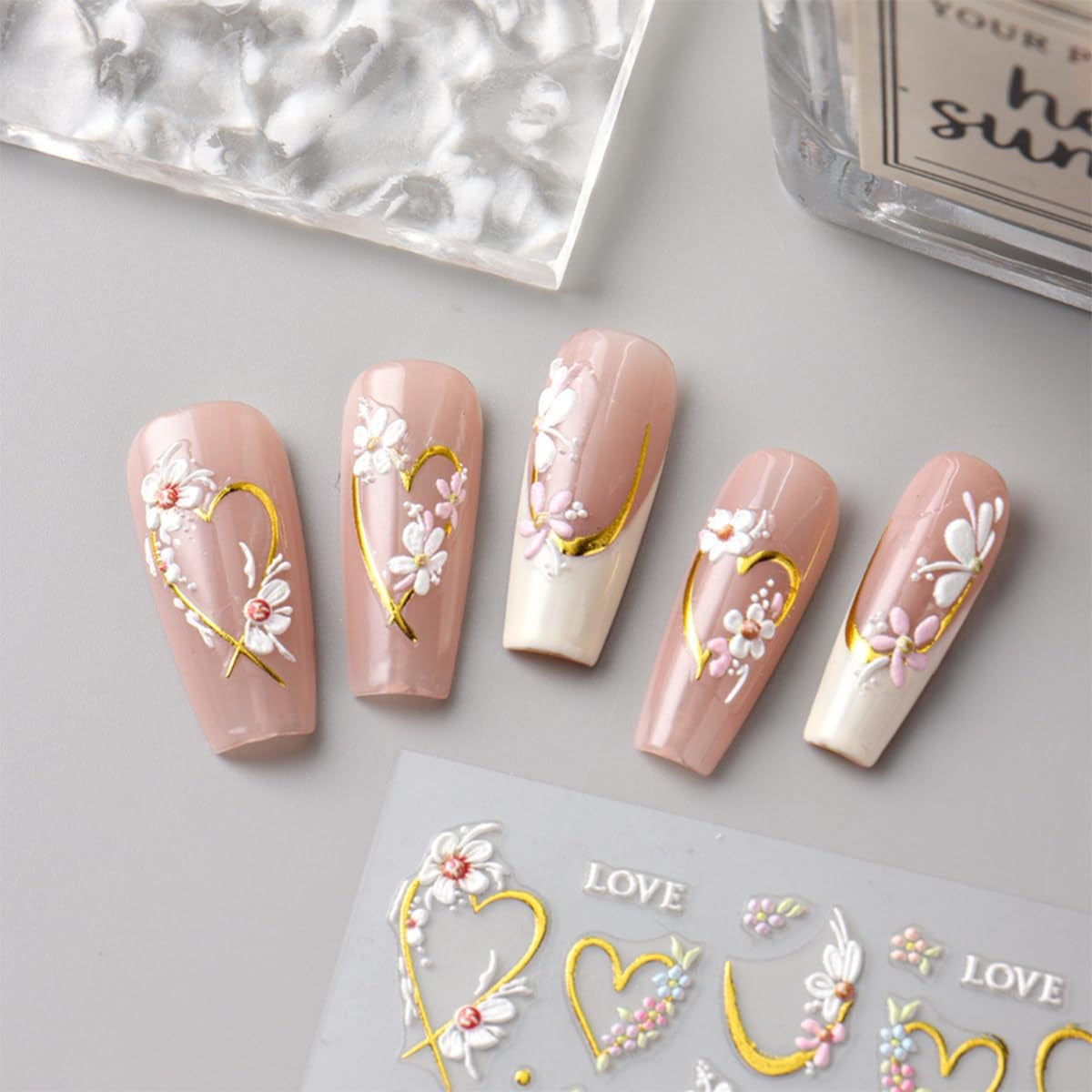 JMEOWIO 3D Nálepka na nehty Blume Nálepka na nehty Selbstklebend Nagelaufkleber 5D Stereoskopické jarní letní květinové dekorace Nageldesign Zubehör 4 Blatt