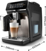 Automatický kávovar PHILIPS řady 3300 - 6 nápojů, moderní barevný dotykový displej, systém přípravy mléka LatteGo, SilentBrew, 100% keramický mlýnek, filtr AquaClean. Černý chrom (EP3347/90)