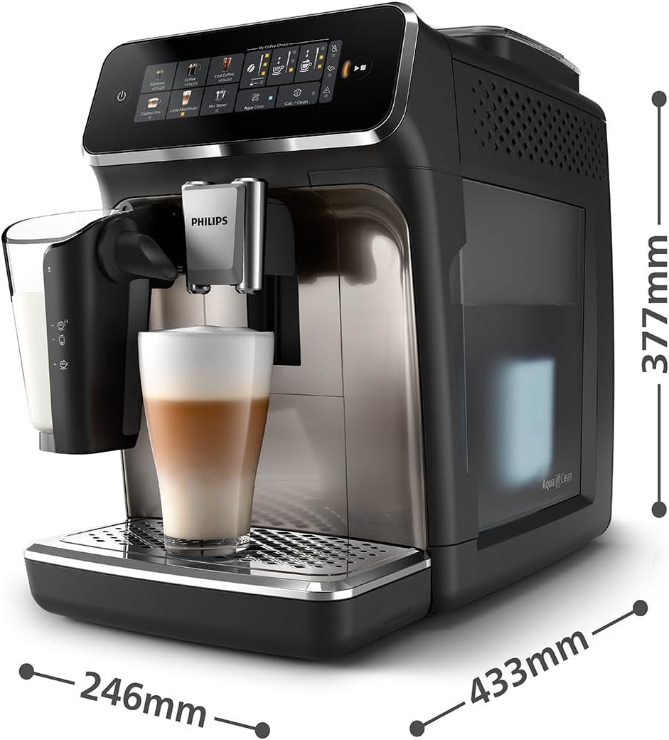 Automatický kávovar PHILIPS řady 3300 - 6 nápojů, moderní barevný dotykový displej, systém přípravy mléka LatteGo, SilentBrew, 100% keramický mlýnek, filtr AquaClean. Černý chrom (EP3347/90)