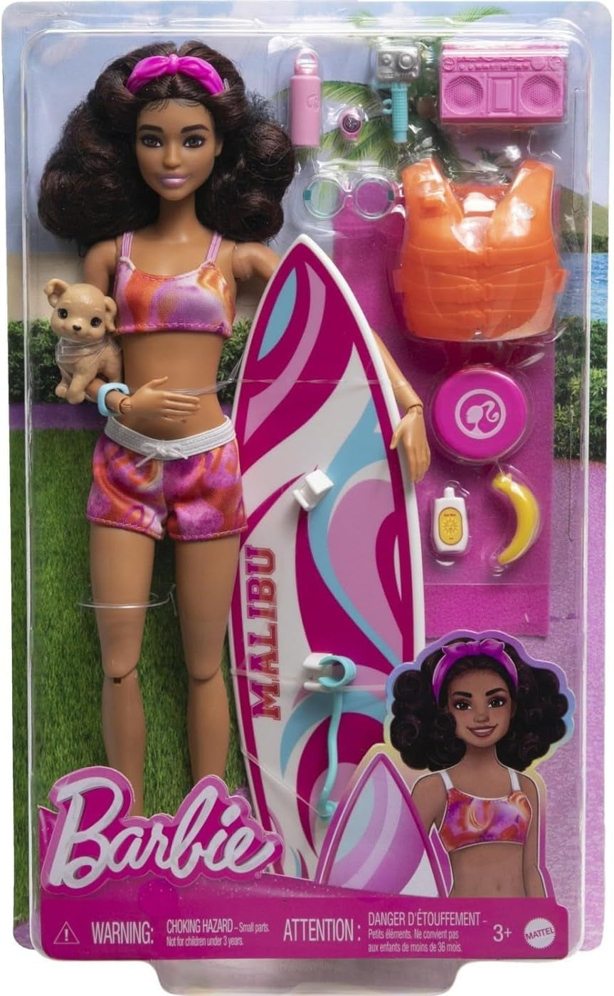 Panenka Barbie Surfer se surfovacím prknem a rukojetí, ručníkem a rádiem pro plážová dobrodružství a příběhy, klipy a popruhem na kotník pro realistické surfování, věk 3+ HPL69 Naty Shop Modern Dolls