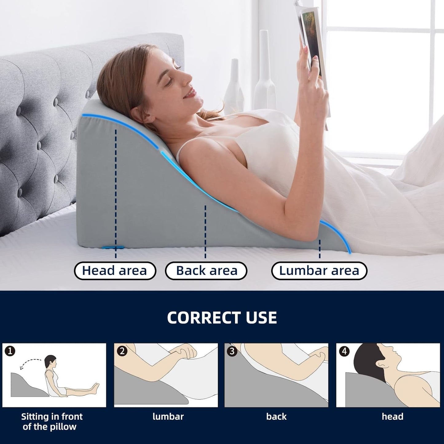 Polštář na čtení do postele a na pohovku - Polštář z peří z paměťové pěny - Ergonomický polštář na opěradlo - Perfektní pro podepření zad při odpočinku, hraní, čtení nebo sledování televize - Široký