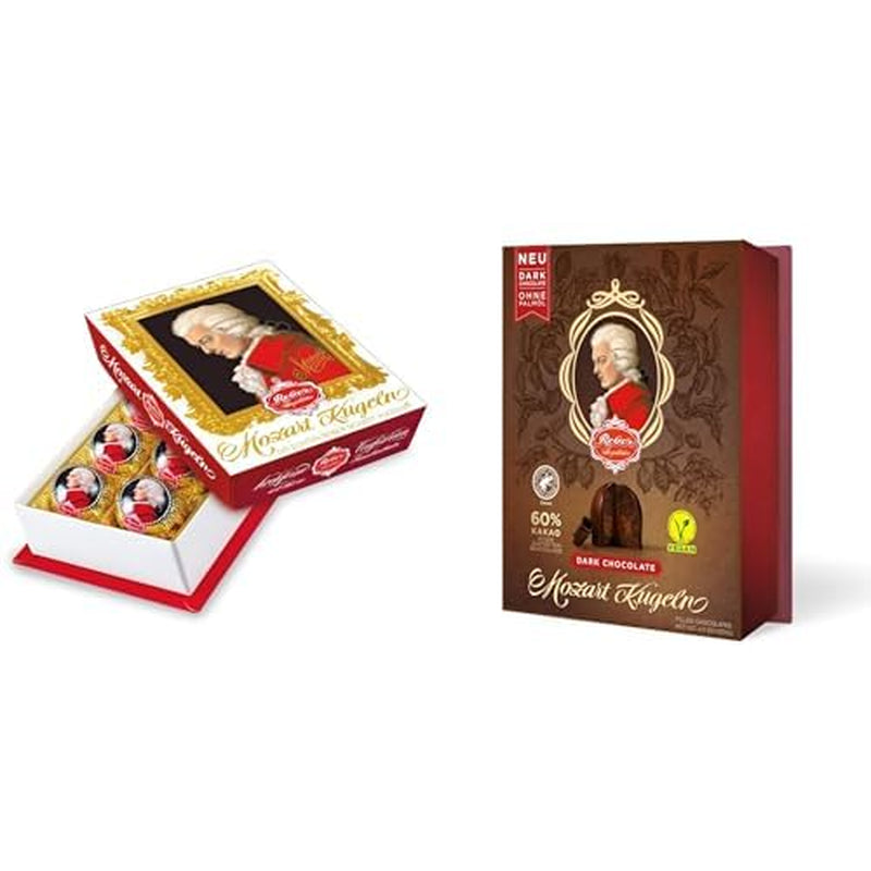 Duo Pack Hořká čokoláda, Barokní Mozart a Hořká čokoláda, Autentické Mozartovy koule, Čokoláda s hořkou čokoládou, Marcipán, Nugát, Ideální dárek, 6 kusů od každé odrůdy, celkem 240g