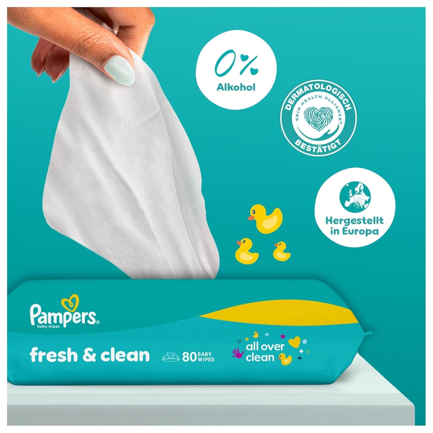 Vlhčené ubrousky Pampers Fresh Clean, 15 balení po 80 ubrouscích, celkem 1200 ubrousků, lehká vůně, vhodné i na ruce a obličej