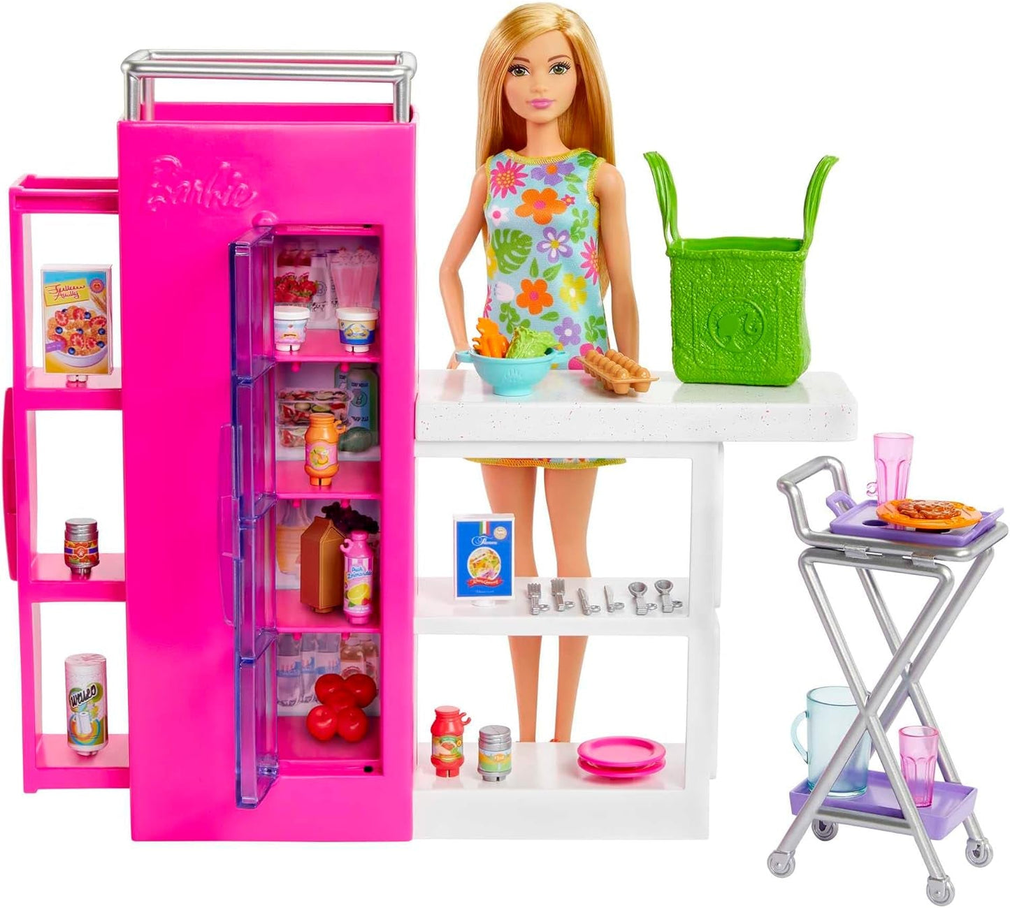 Hrací sada pro panenku Barbie se spíží s 25 a více kuchyňskými kousky a doplňky – ideální pro malé gurmány a dárek pro děti od 3 let, HJV38