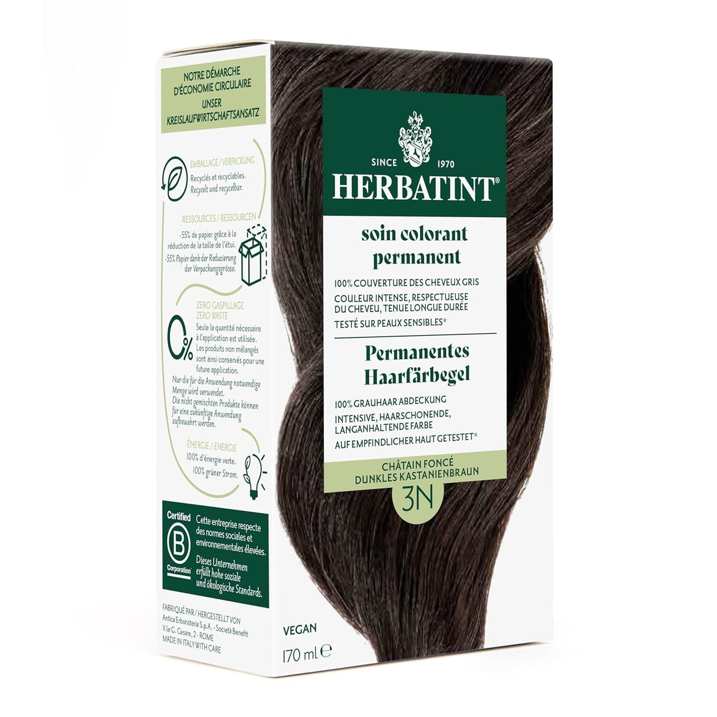 Permanentní gel na barvu vlasů 6N tmavá blond - 170 ml I Bez amoniaku, 100% krytí šedivých vlasů I Testováno na citlivé pokožce, s 8 rostlinnými výtažky Barva na vlasy Naty Shop 3N Tmavý kaštan