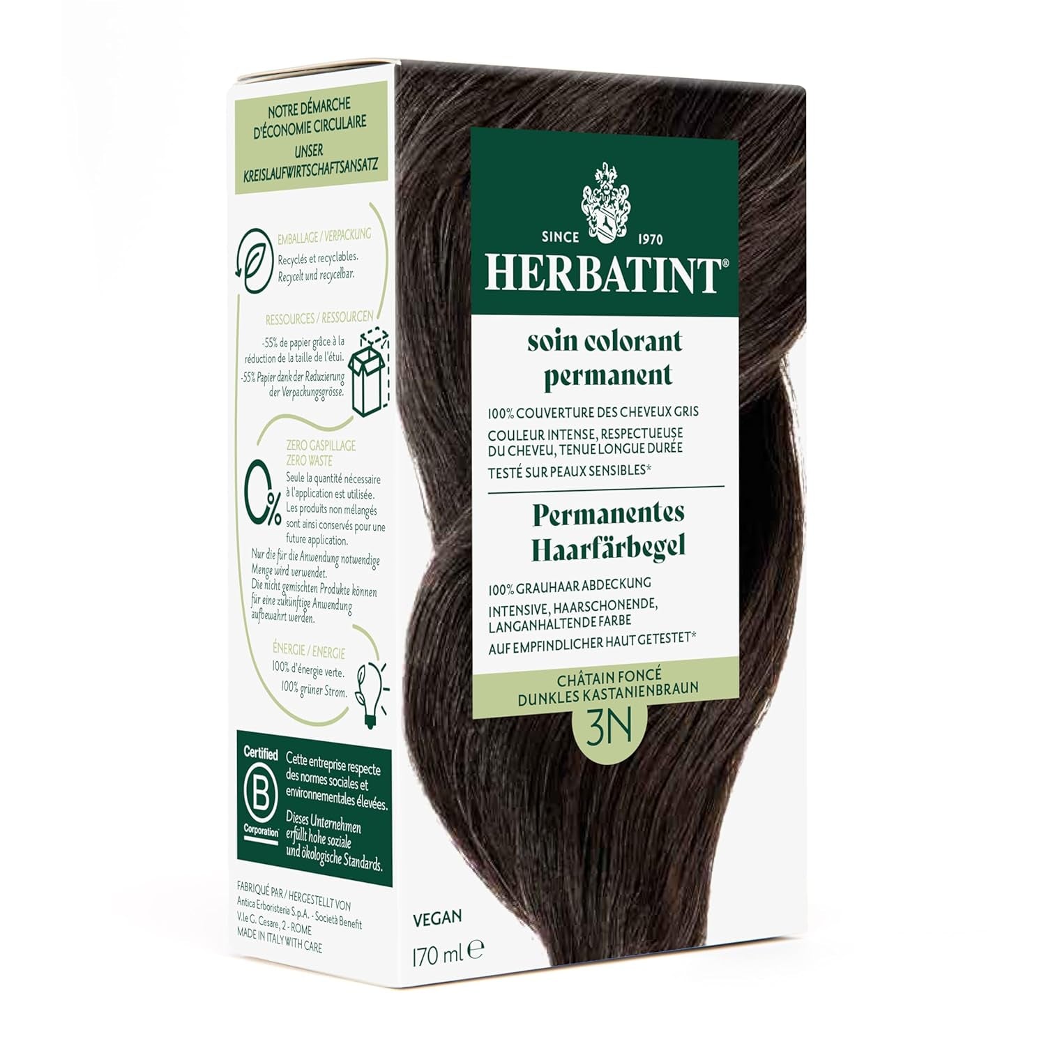 Permanentní gel na barvu vlasů 6N tmavá blond - 170 ml I Bez amoniaku, 100% krytí šedivých vlasů I Testováno na citlivé pokožce, s 8 rostlinnými výtažky Barva na vlasy Naty Shop 3N Tmavý kaštan