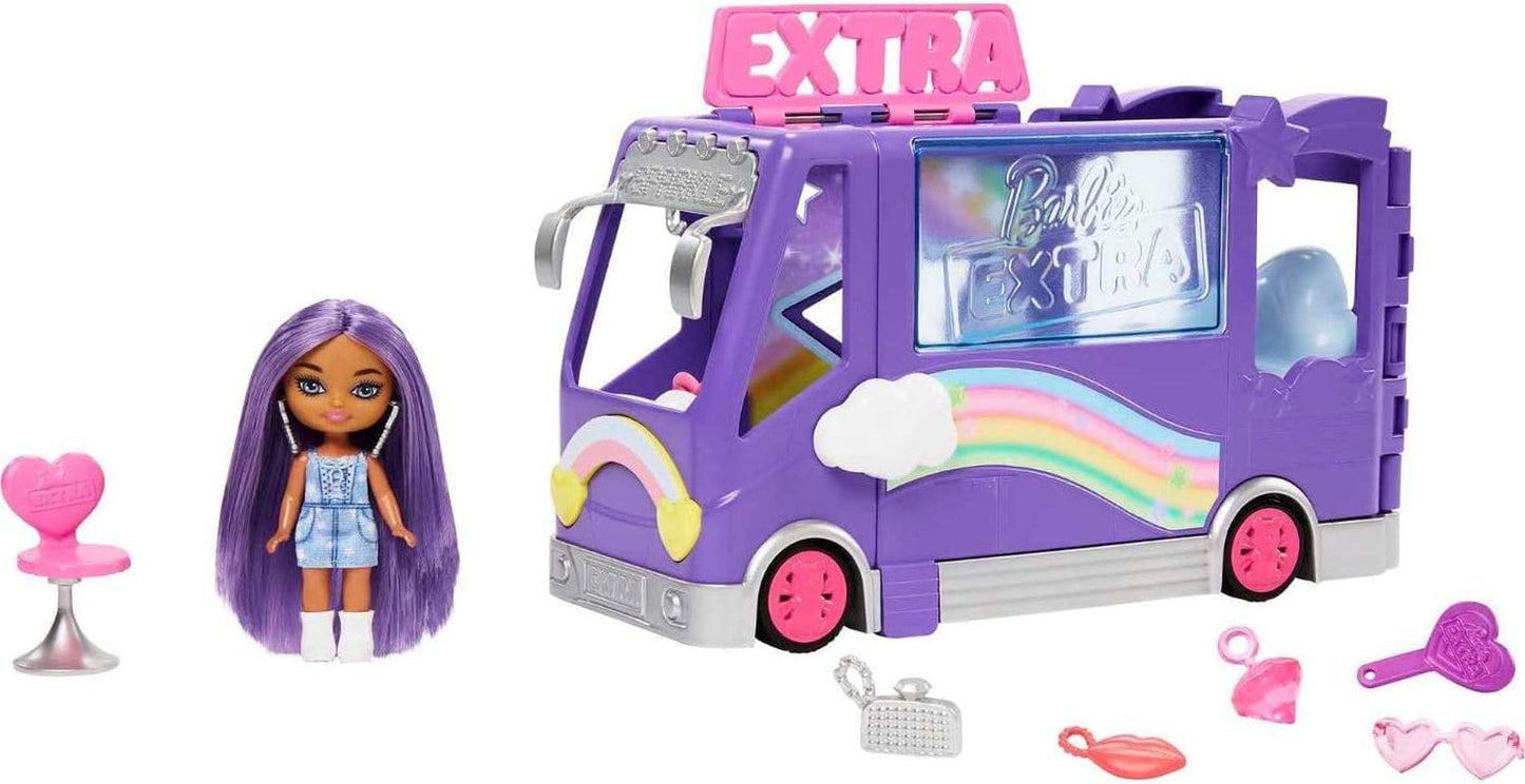 Barbie Extra mini mini panenka, extra mini mini panenka s extra třpytivým cestovním vozem, včetně make-up stanice a příslušenství, dárek pro děti, hračka pro děti od 3 let, HKF84