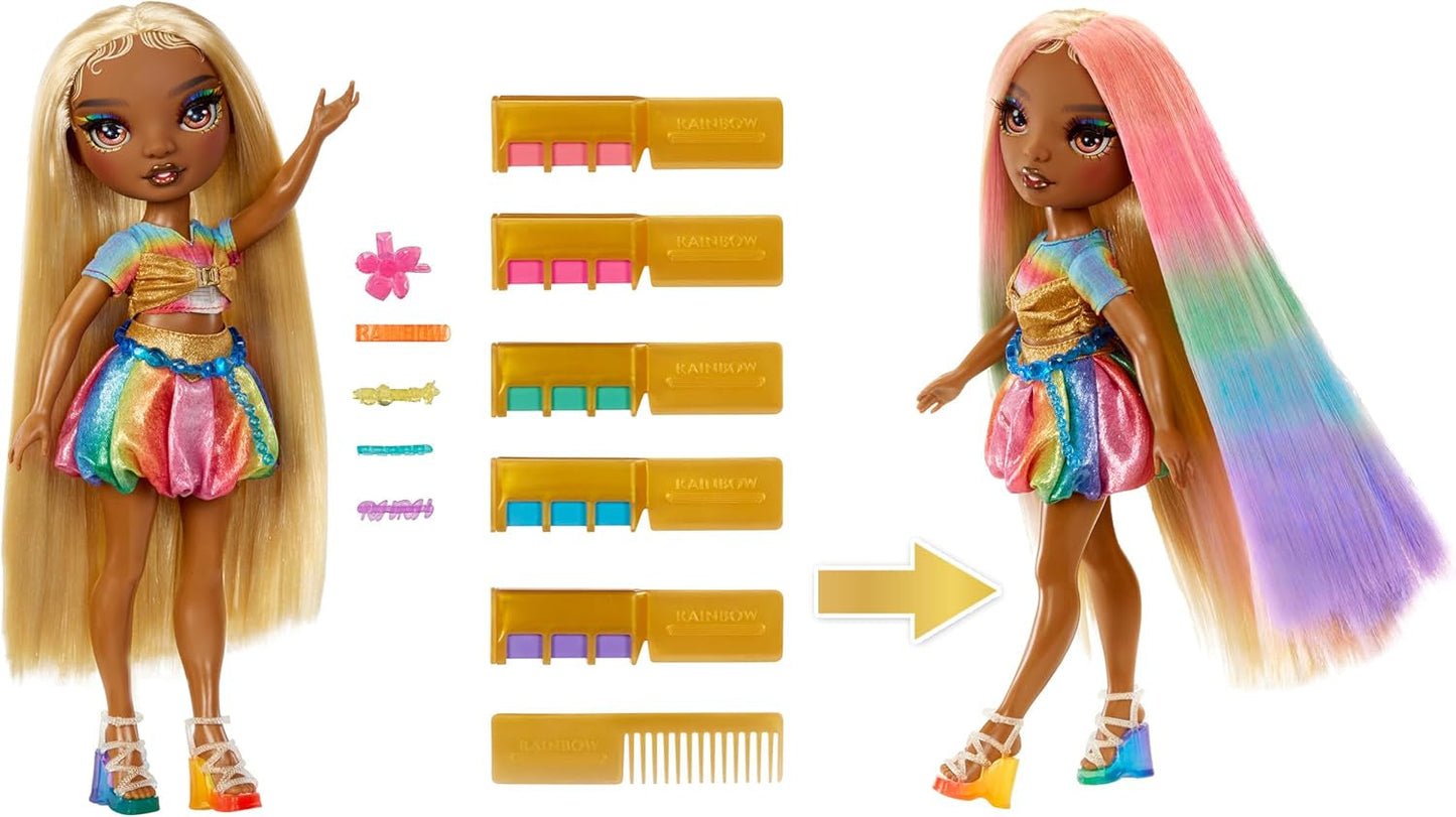 Panenka Rainbow High Hair Chalk & Styling - Meline - 28 cm duhová a zlatá omyvatelná křídová panenka do vlasů, barvení, styling, hraní, opláchnutí a opakování, pro děti ve věku 4-12 let
