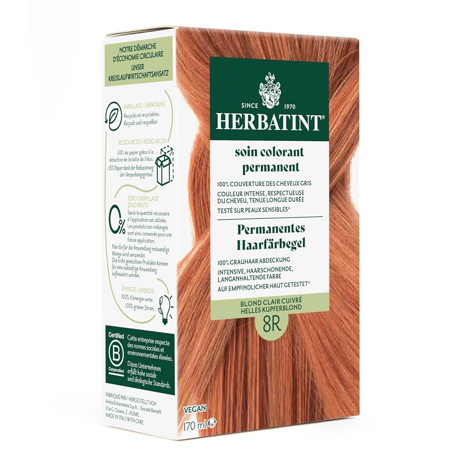 Permanentní gel na barvení vlasů 6N tmavá blond - 170 ml I Bez amoniaku, 100% krytí šedých vlasů Testováno na citlivé pokožce, s 8 rostlinnými výtažky Naty Shop Hair Dye 8R světle měděná blond