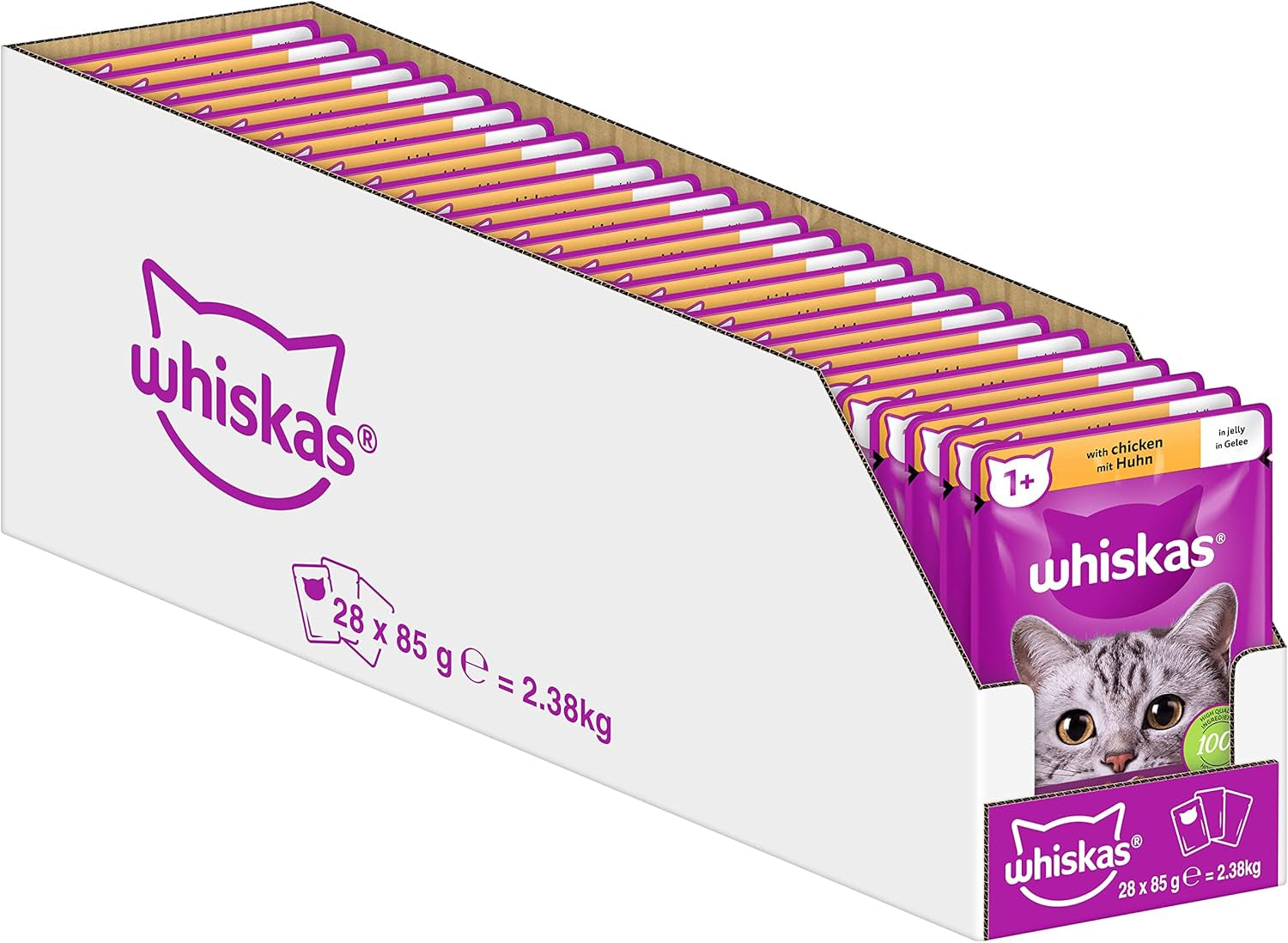 Whiskas 1+ mokré krmivo pro kočky s kuřecím masem v želé, 28x85g (1 balení) - Vysoce kvalitní mokré krmivo pro dospělé kočky v sáčcích po 28 porcích