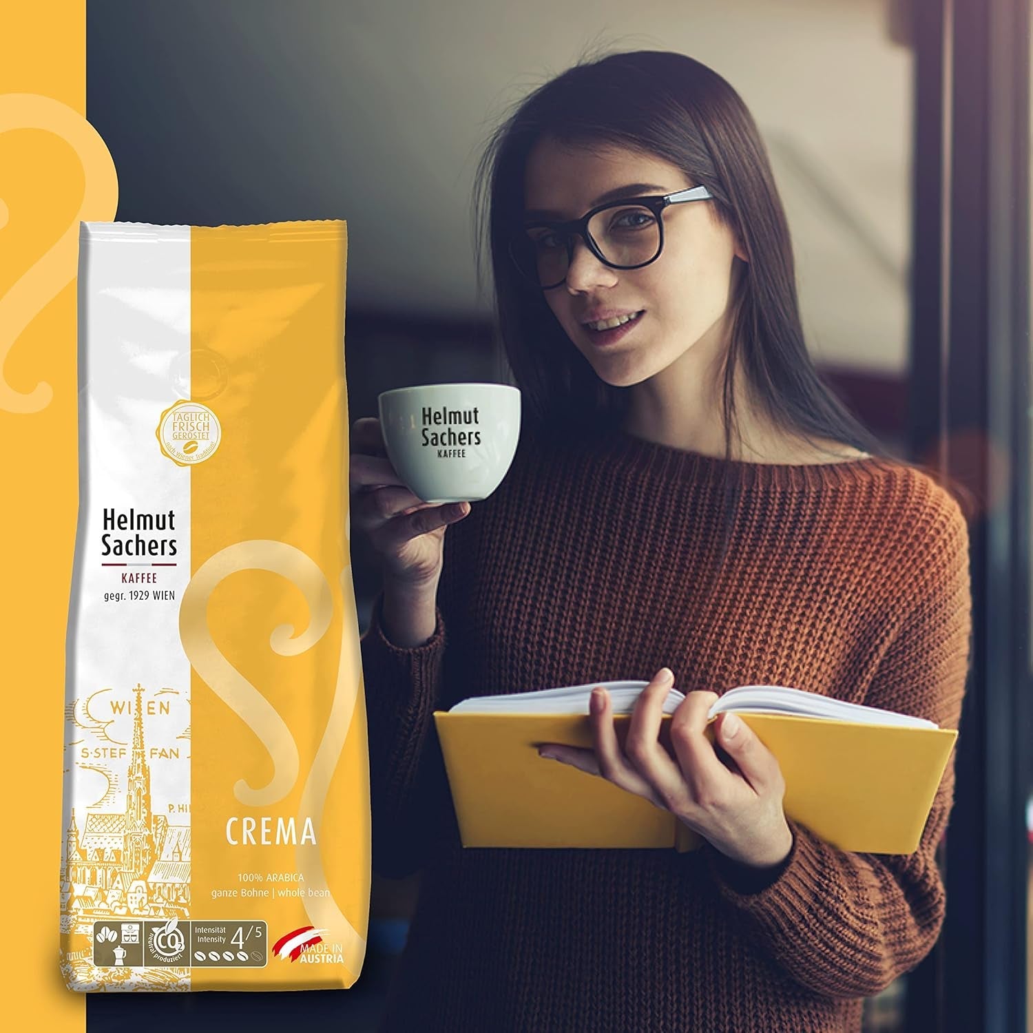 Káva Helmut Sachers – smetana, síla 4/5, 100% Arabica, celá kávová zrna, 6 x 500 g