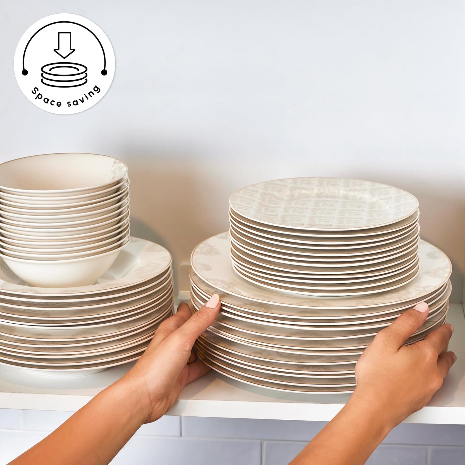 Sada nádobí Karaca Elegance Bone Siena pro 12, sada moderního porcelánového nádobí, sada nádobí s polévkovými miskami, servírovací talíř, hluboké talíře, dezertní talíře – bílé a zlaté