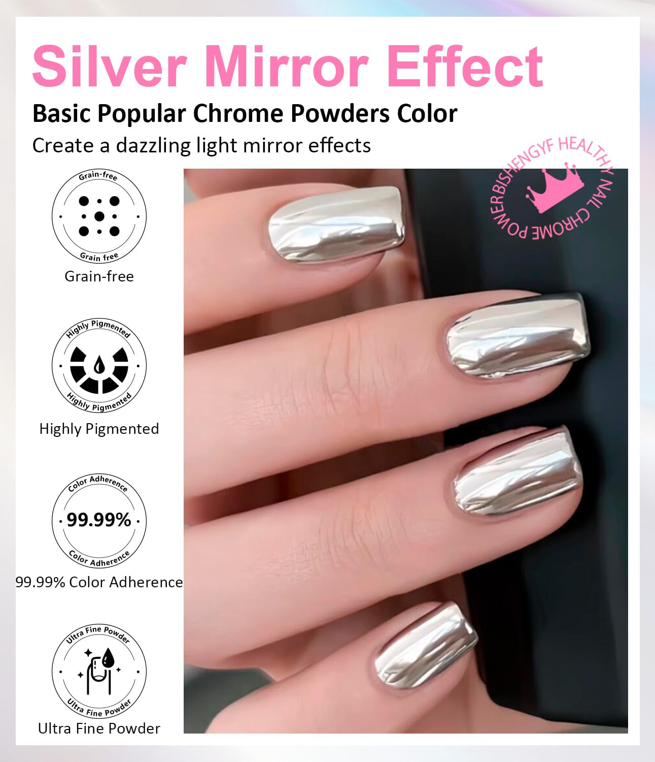 BISHENGYF Silver Chrome Nail Powder – Metal Holo Chromfarbener Nagelpuder, 1G Cromepulver Nägel Glitzer Glänzende Silver Nagelpulver Spiegeleffekt Pigment Nagelkunst, Diy-Dekor-Dekor Frauen Geschenk