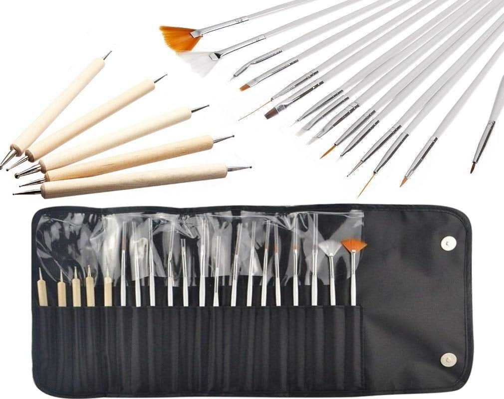® 20 X Professional štětce na nehty, gel, štětce na malování, umělecké štětce, sada francouzských štětců na nehty, sada nástrojů se špičatým hrotem, pro design nehtů, malování, tečkovaný vzor atd., s taškou
