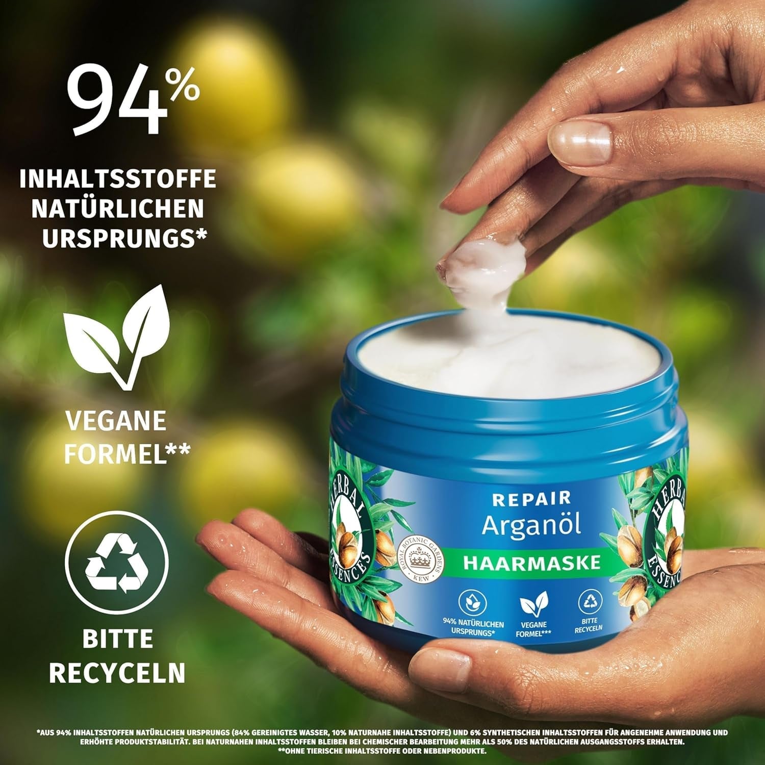 Herbal Essences Regenerační maska na vlasy s arganovým olejem 300 ml. Od poškozených vlasů po hladší a lesklejší vlasy. Intenzivní péče. S přísadami přírodního původu. Veganská maska na vlasy Naty Shop