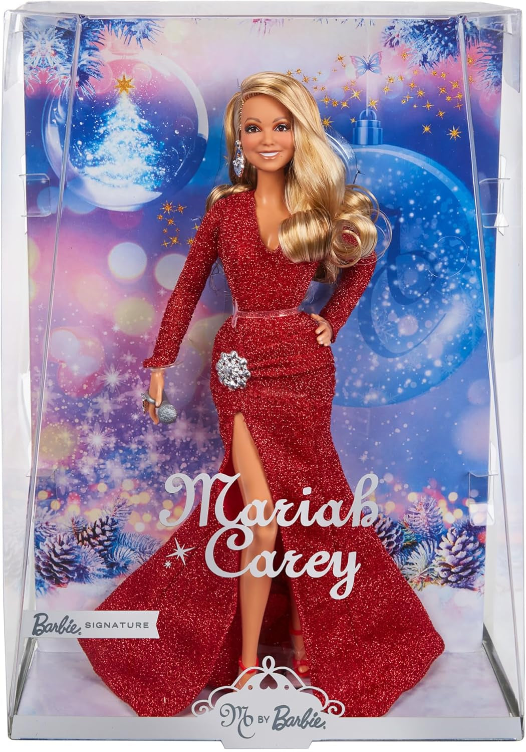 Barbie Mariah Carey - Sběratelská panenka s třpytivě červenými šaty, volány, rozparek, okouzlující kadeře, stříbrné doplňky, červené vysoké podpatky, vánoční tradice, dekorace, HJX17