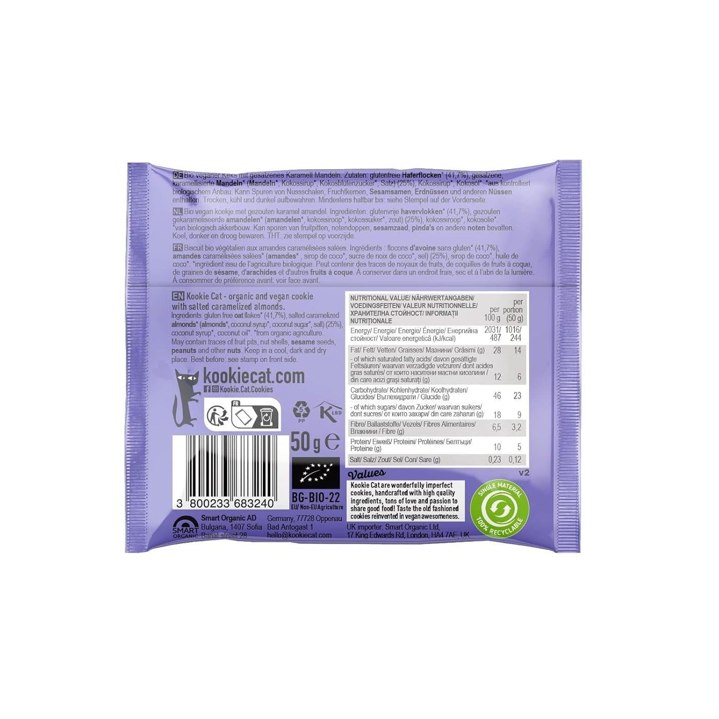 Veganské sušenky se slaným karamelem a mandlemi – jednotlivě balené bezlepkové bio mandlové ovesné vločky bez sóji – 12 x 50 g multibalení (balení 2 ks)