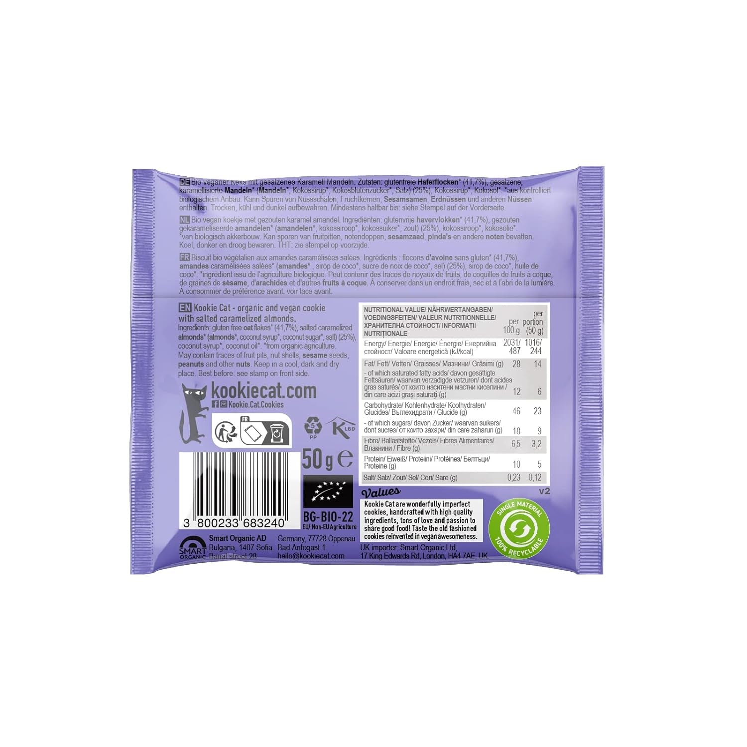 Veganské sušenky se slaným karamelem a mandlemi – jednotlivě balené bezlepkové bio mandlové ovesné vločky bez sóji – 12 x 50 g multibalení (balení 2 ks)