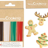 Scrapcooking - Sada 4 vánočních čokoládových pastelek - hnědá, bílá, zelená a červená - Jedlé barvivo - Potravinářské barvivo pro psaní - Psaní a kreslení na dezerty, dorty a sušenky - 7060