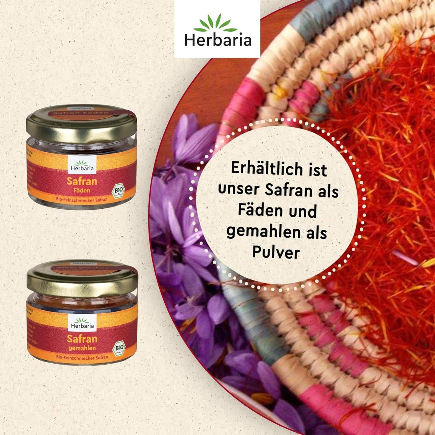 Herbaria Safran-Fäden bio 0,5g im Glas – Bio Saffron-Fäden aus dem Bericht Safran-Ort Taliouine v Maroku – Safranfäden v Premium Bio-Qualität – Saffron Premium - Safran première kategorie