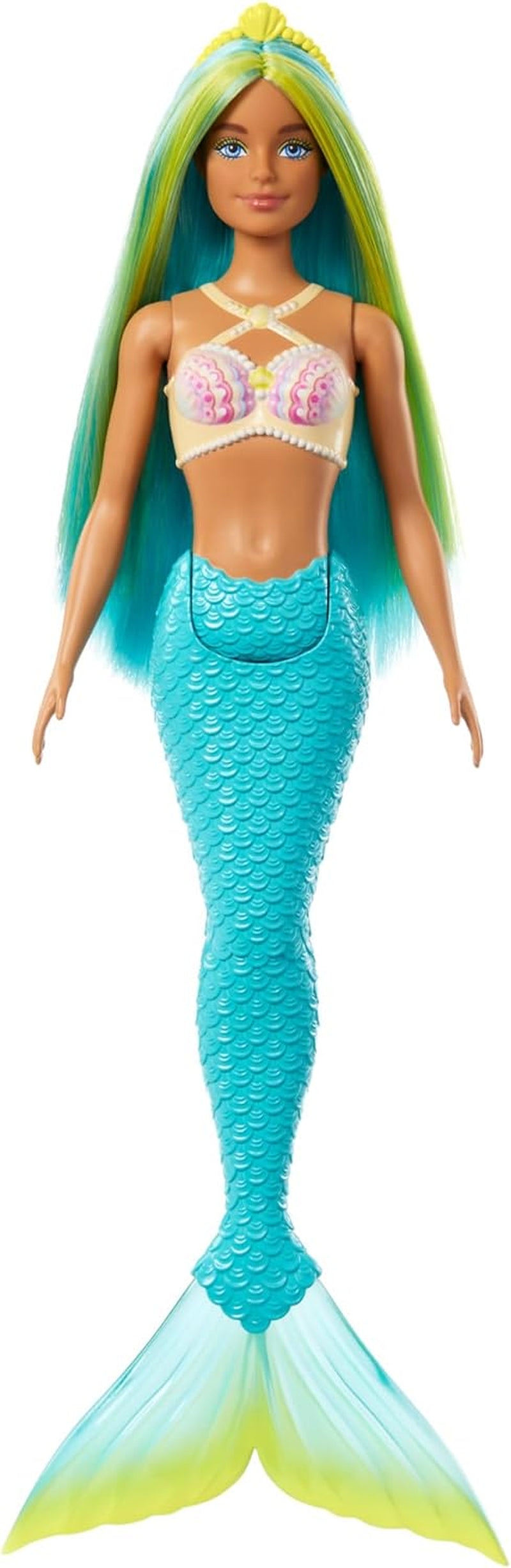 Panenka Barbie Mořská víla s růžovými a lila efektními vlasy s čelenkou, mušlí a levandulově modrou ocasní ploutví, HRR06 Naty Shop Dolls Mořská panna s tyrkysovou ploutví