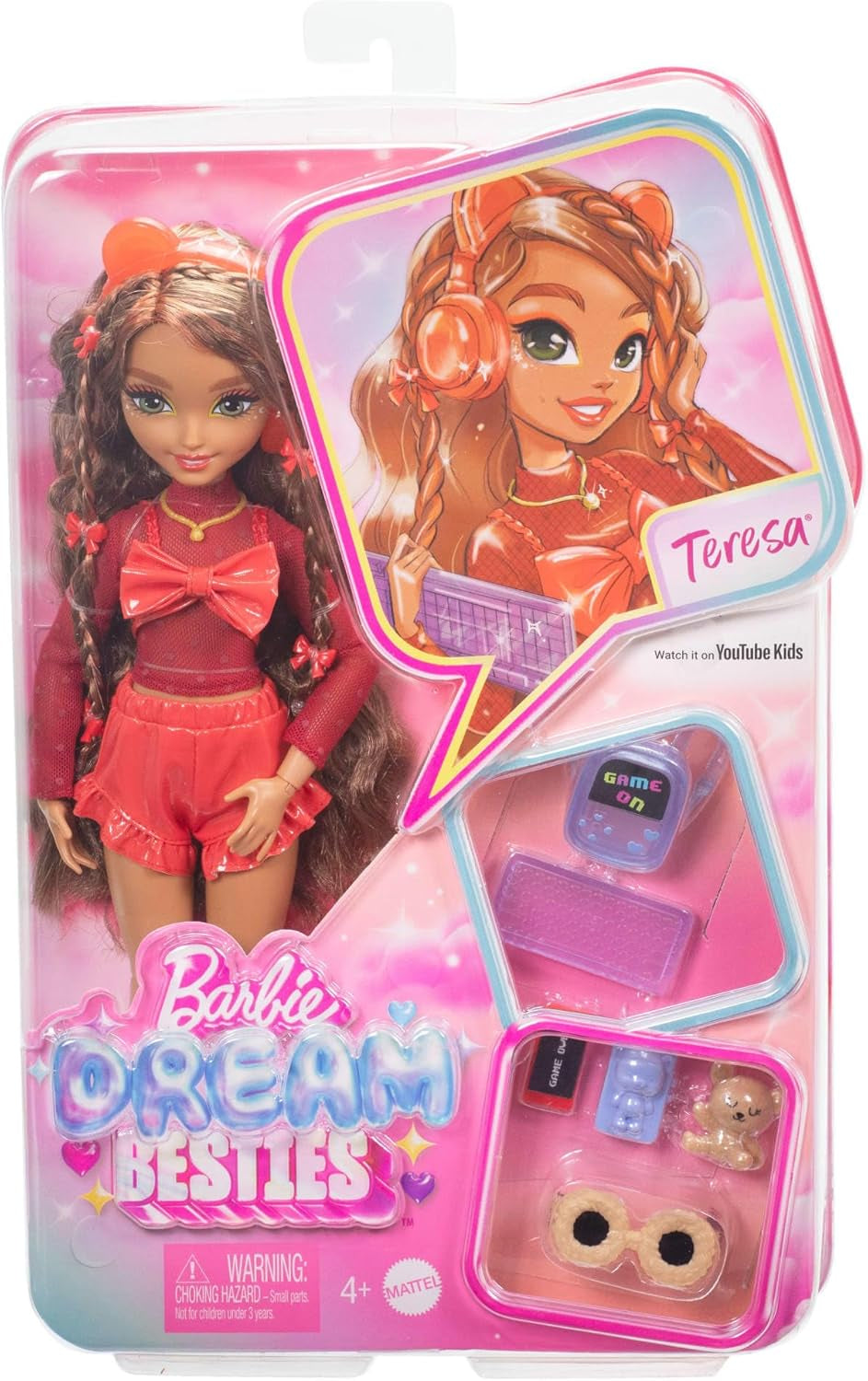 Panenka Barbie Dream Besties a doplňky, pohyblivá panenka Teresa Fashion s hnědými vlasy a sponkami, 10dílný motiv videohry, HYC23 Naty Shop Dolls