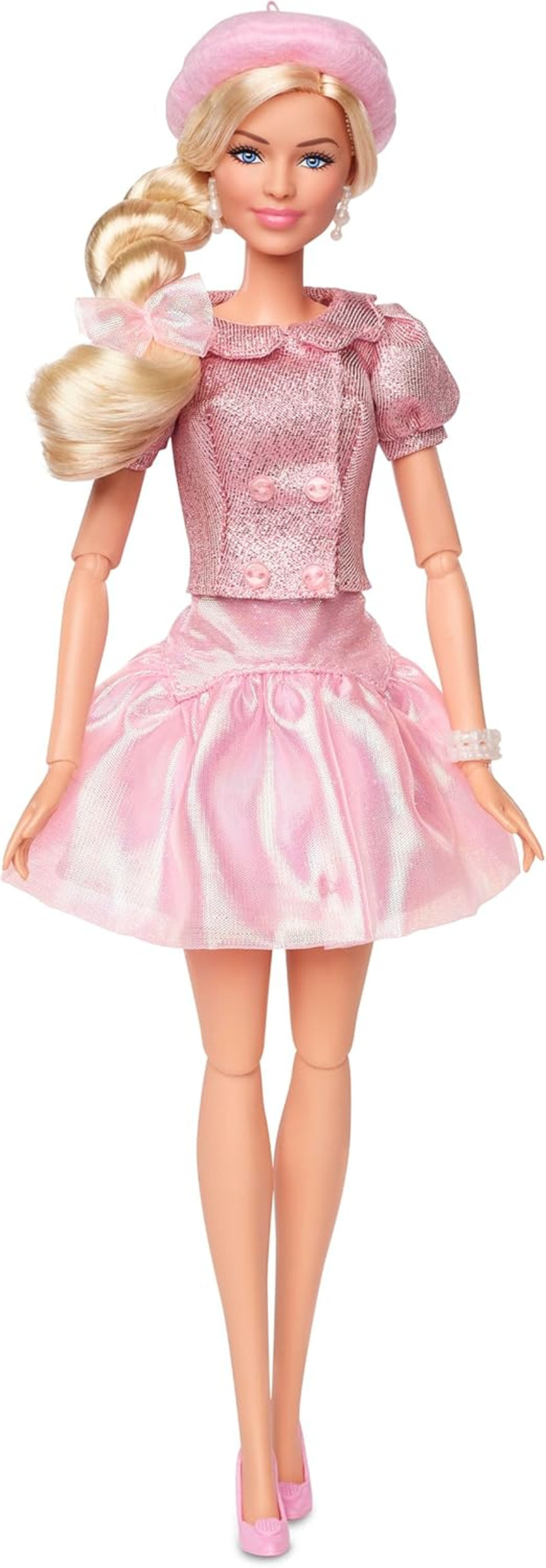 Barbie Film podle filmu Margot Robbie jako sběratelská figurka Barbie v růžové halence a tylové sukni se stylizovaným účesem a ladícími šperky JBJ53