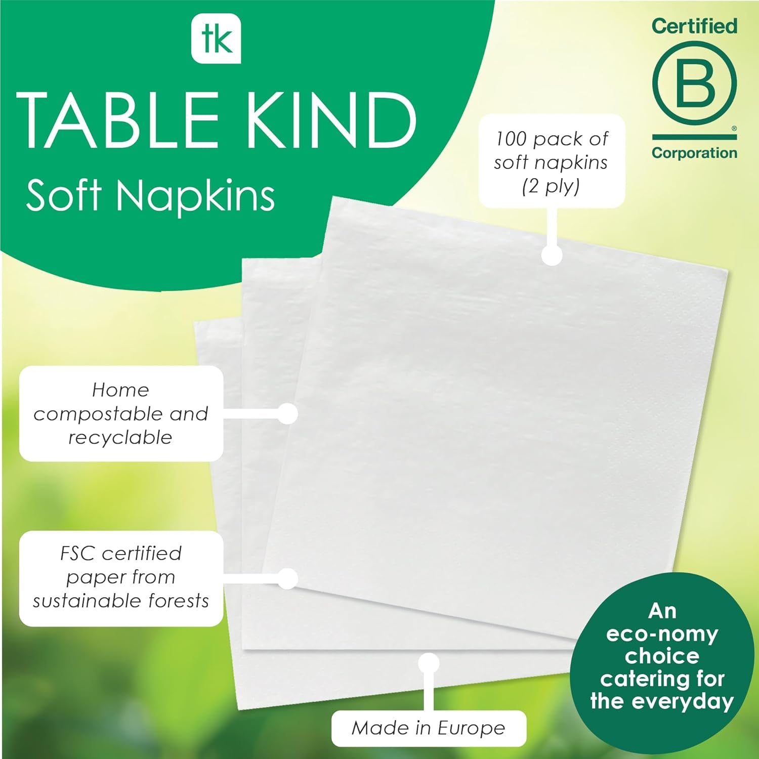 Table Kind 100 bílých měkkých ubrousků ve velkém, vysoce kvalitní ubrousky pro párty, catering a každodenní použití, FSC, udržitelné a recyklovatelné, vyrobené v EU | 2vrstvý | 33 cm