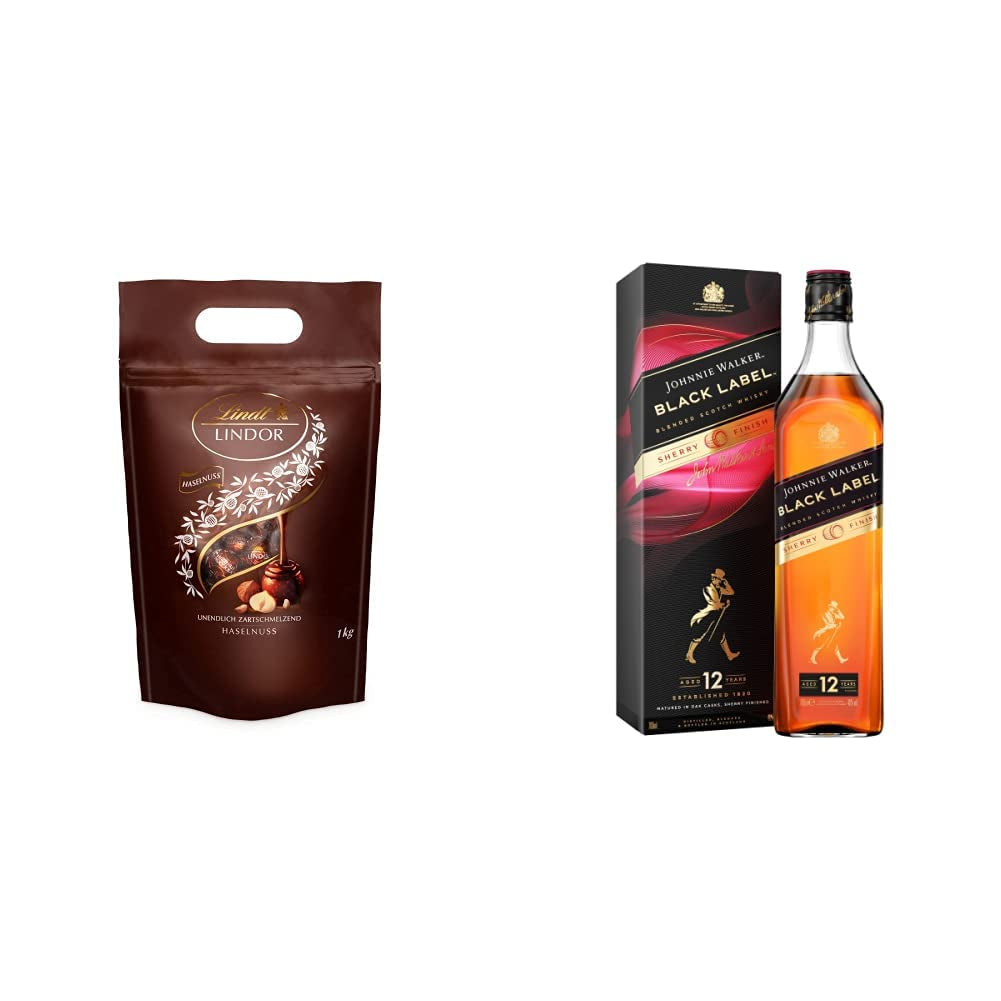 LINDOR čokoládové kuličky s lískovými oříšky, pytel 1 kg + sud Johnnie Walker Sherry 0,7 litru