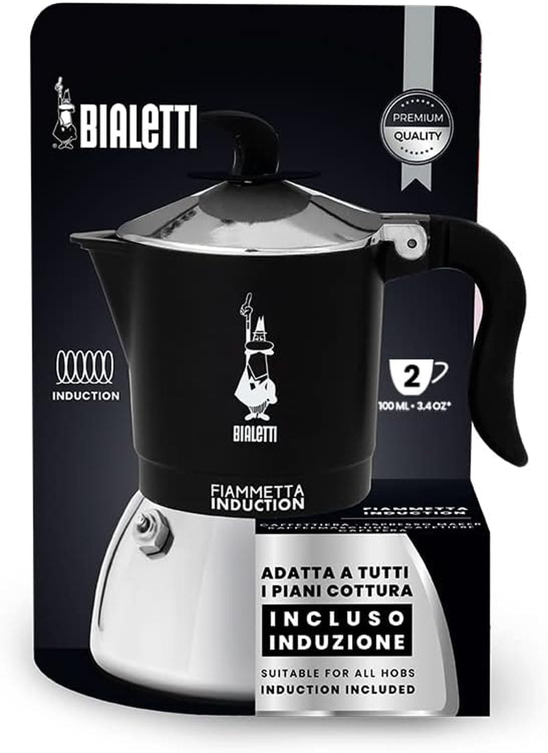 Indukční kávovar Bialetti Fiammetta, 2 šálky (100 ml), vhodný pro všechny typy varných desek, elegantní design, černá