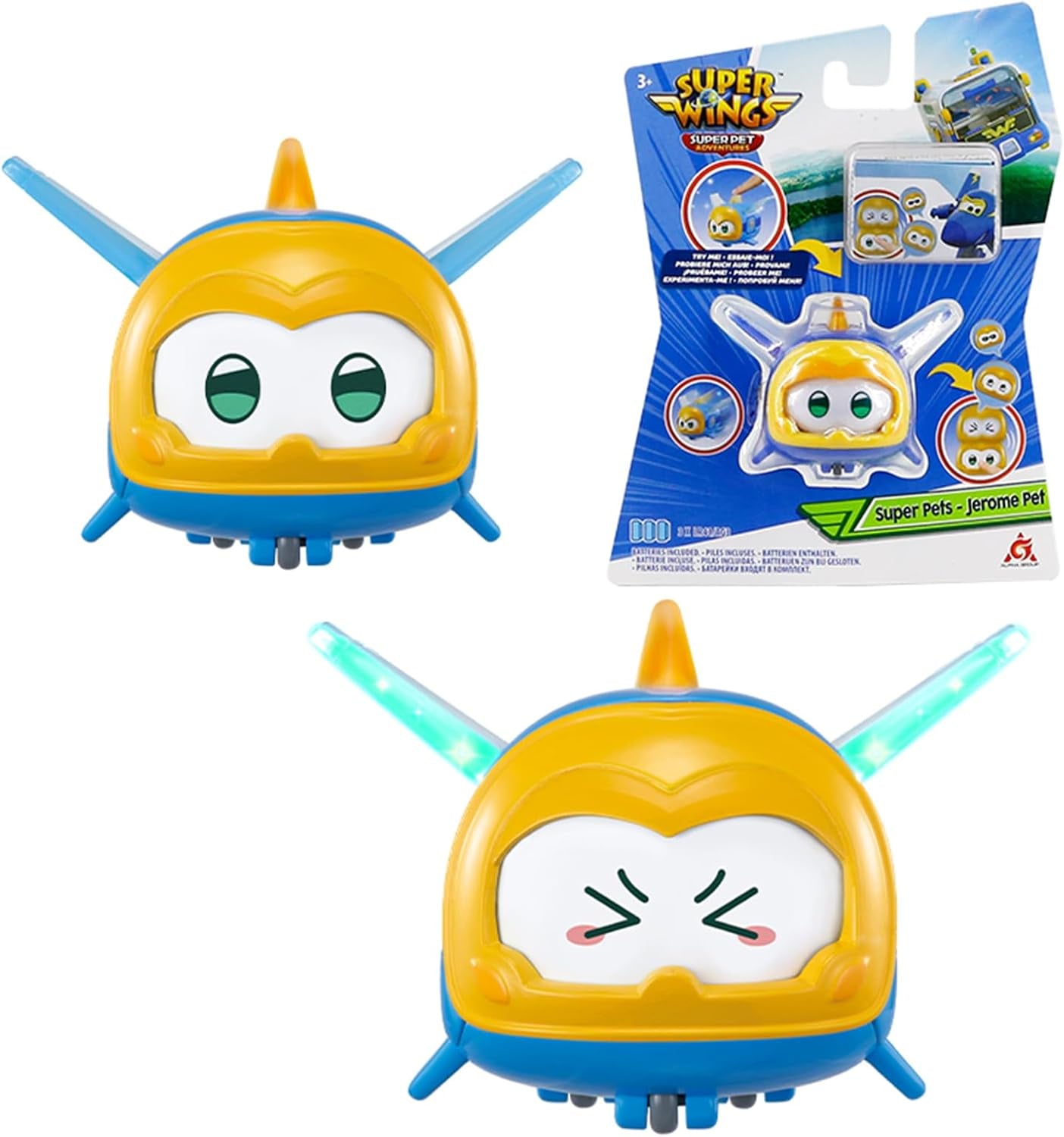 Super Wings Super Pets 4 KS Shine, Golden Boy, Jerome, Ellie Přenosná hračka s přepínatelným výrazem obličeje Bleskový efekt pro 3 4 5 6 7 8letého chlapce Dívka 2palcové akční figurky Naty Shop Jerome