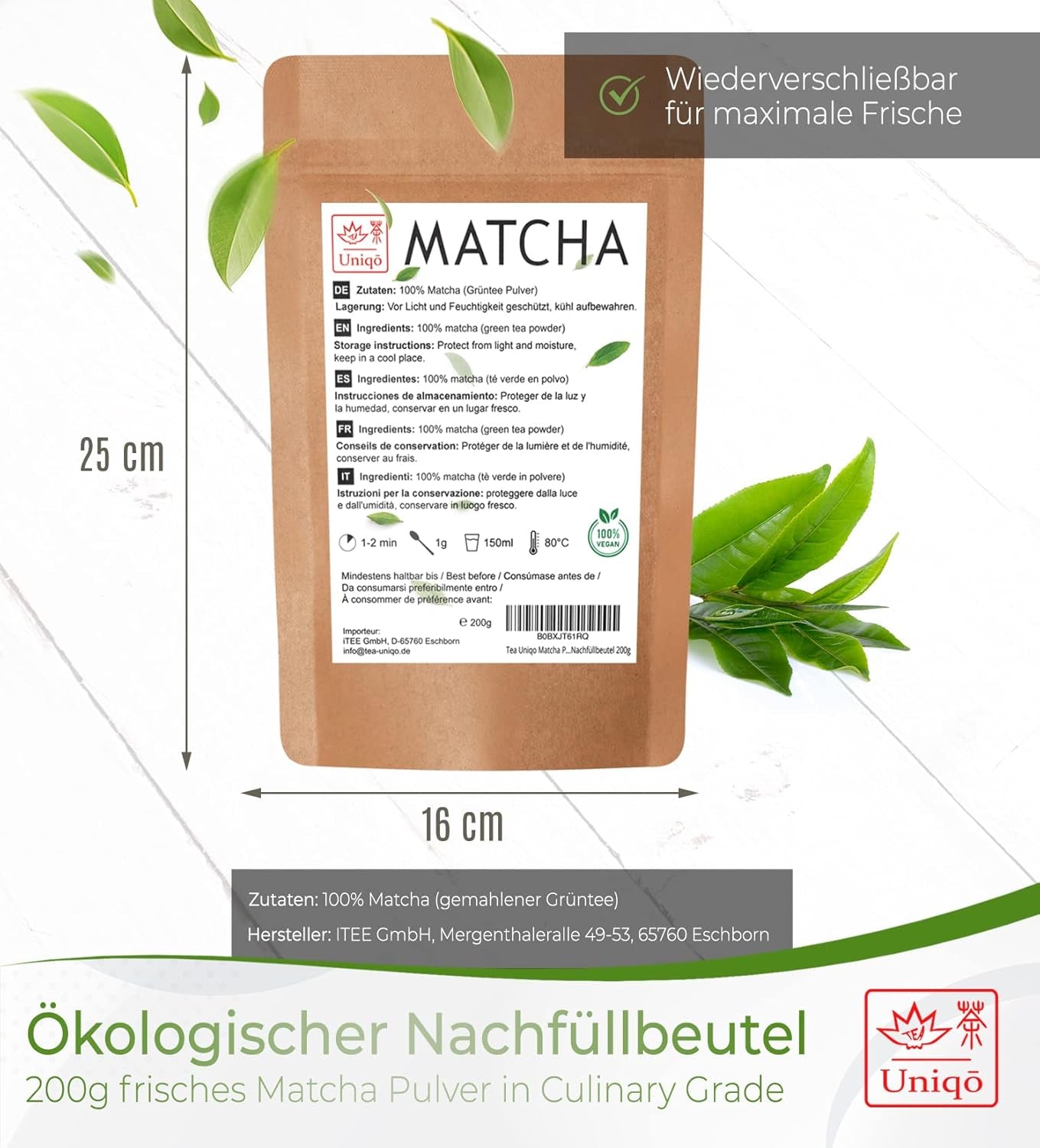 Uniqo Matcha čajový prášek 200 g ve znovuplnitelném ekologickém balení