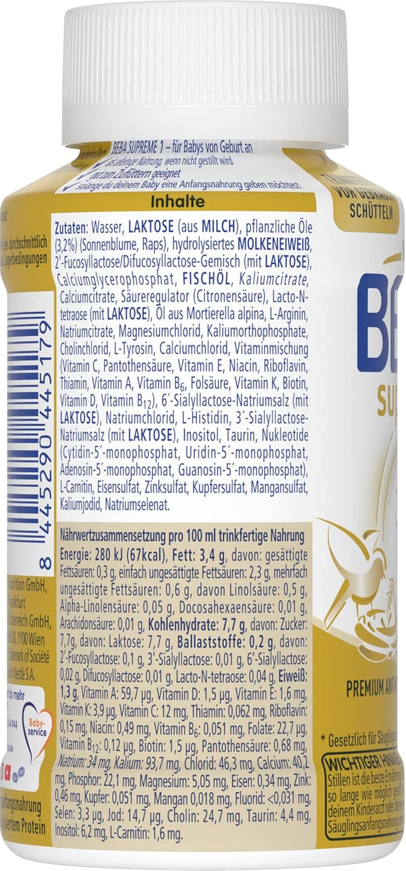 BEBA Nestlé BEBA SUPREME 1 Kojenecké mléko: lahvičky k pití s ​​Omega 3, balení 4 ks (1 x 200 ml)