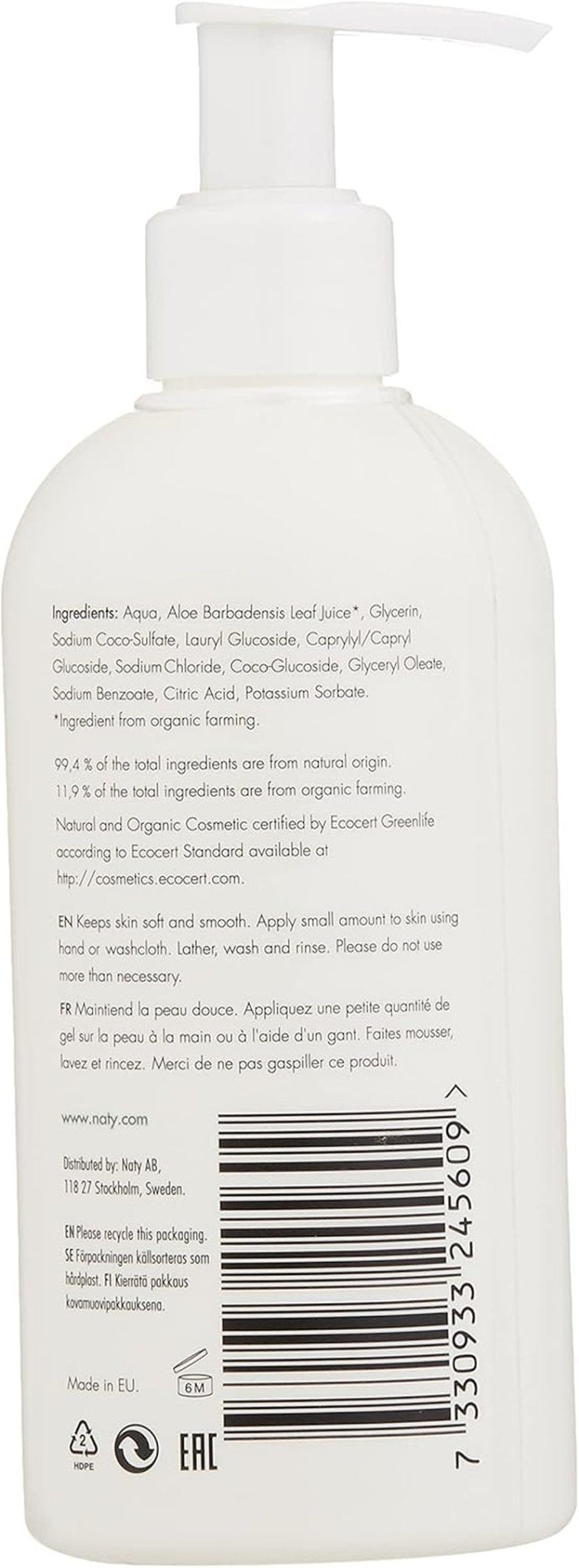 Eco by Naty, sprchový gel pro děti, organické rostlinné ingredience s 0% parfemace, hypoalergenní a dermatologicky testováno, 200 ml lahvička Děti - koupel a péče o pleť Naty Shop