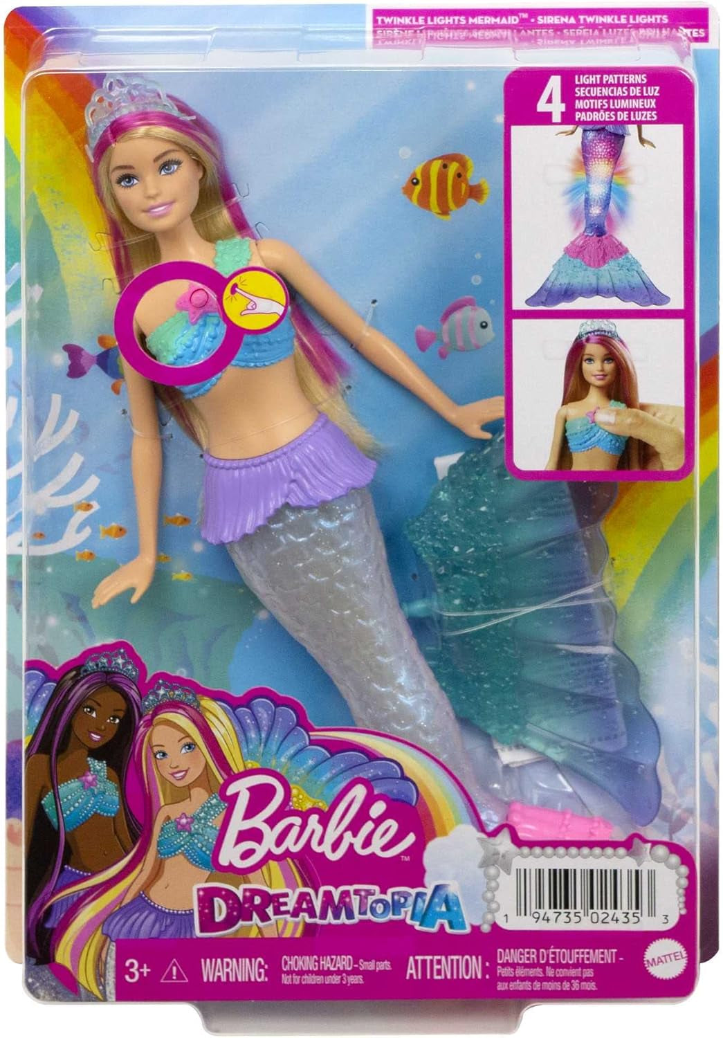 Barbie Dreamtopia Magic Light panenka mořské panny s blond vlasy, panenka Barbie s ocasem mořské panny, vhodná jako dárek pro děti od 3 let, HDJ36