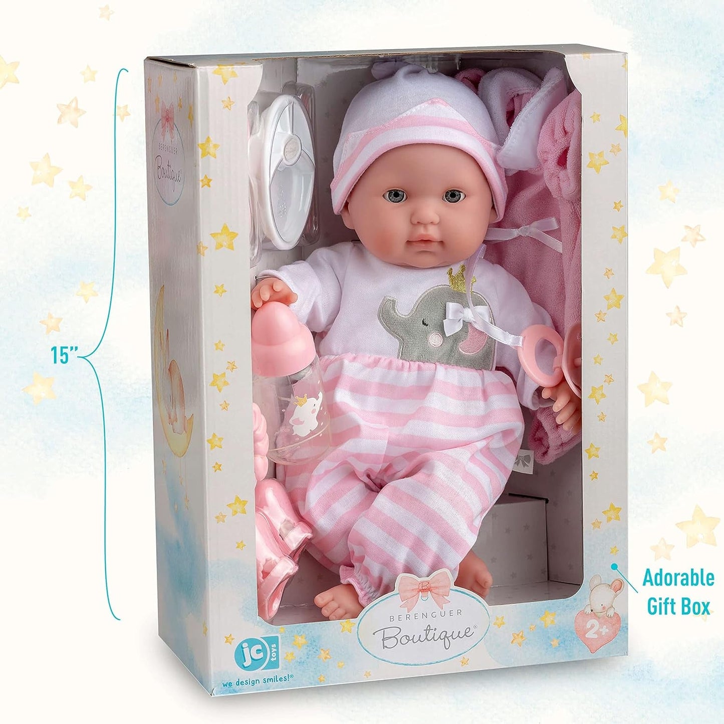 JC Toys – Berenguer Boutique 38cm měkká, realistická panenka s otevřenými/zavřenými ústy, 10dílná dárková sada, kojenecká lahvička, chrastítko, dudlík a příslušenství, růžová, věk 2+