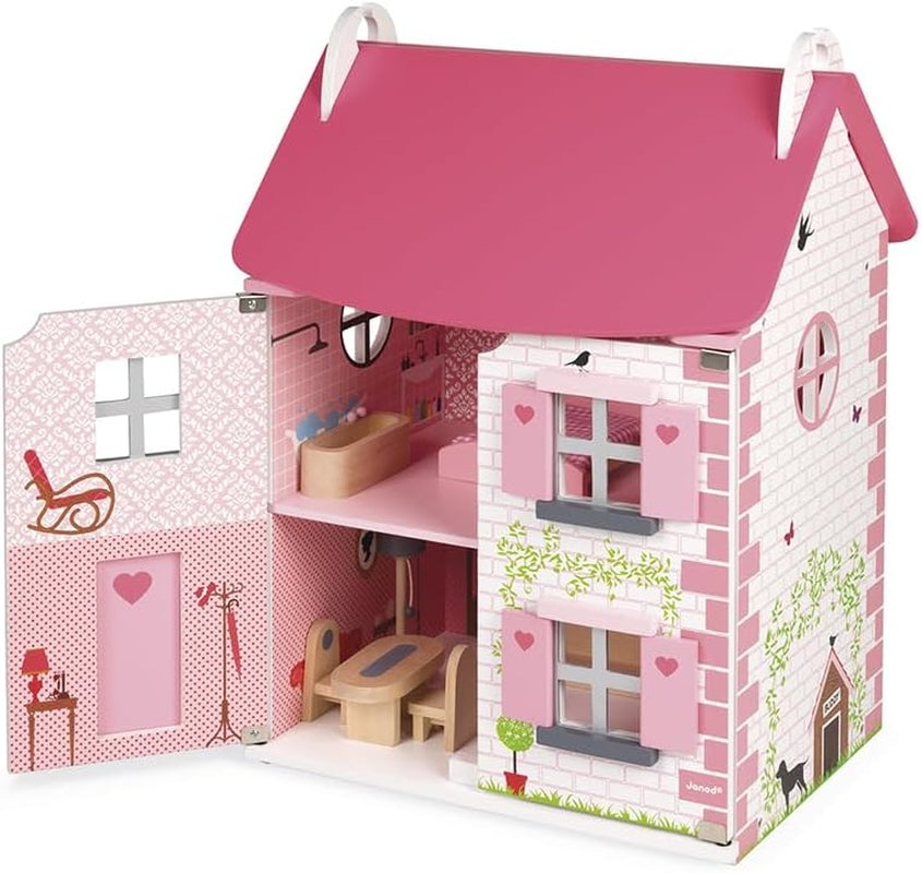 Janod - Dřevěný domeček pro panenky Mademoiselle, 3 patra a 11 doplňků, replika hračky, rozvíjí představivost, věk 3+, J06581, domečky pro panenky Pink Naty Shop