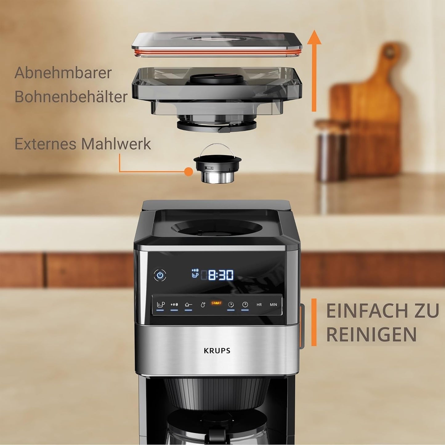 Espresso kávovar KRUPS Grind Aroma XL, odnímatelný kónický mlýnek, digitální ovládací panel, kapacita XL (1,5 l), funkce udržování teploty, skleněná karafa, černá/nerezová ocel, KM842810