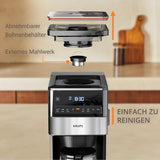 Espresso kávovar KRUPS Grind Aroma XL, odnímatelný kónický mlýnek, digitální ovládací panel, kapacita XL (1,5 l), funkce udržování teploty, skleněná karafa, černá/nerezová ocel, KM842810