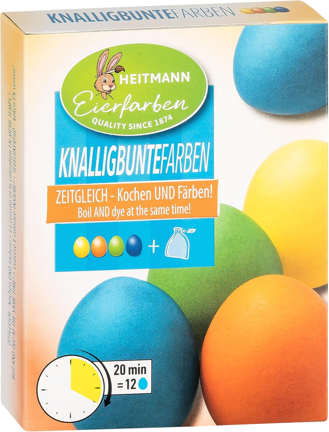 Heitmann Egg Dyes Bright Colors – 4 lahvičky na barviva (žlutá, oranžová, zelená, modrá), 2 zvýrazňovače barvy, 4 sáčky s barvivy, 4 spony