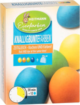 Heitmann Egg Dyes Bright Colors – 4 lahvičky na barviva (žlutá, oranžová, zelená, modrá), 2 zvýrazňovače barvy, 4 sáčky s barvivy, 4 spony