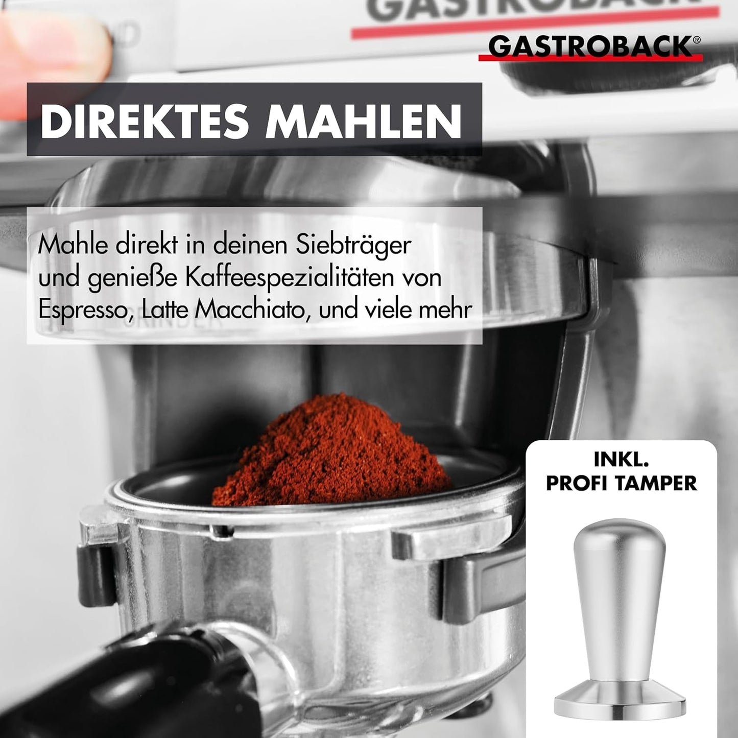 Kávovar GASTROBACK s mlýnkem včetně konvičky na mléko, lis a portafiltr z nerezové oceli - Kávovar Barista s napěňovačem mléka - Kávovar s 30 nastaveními mletí