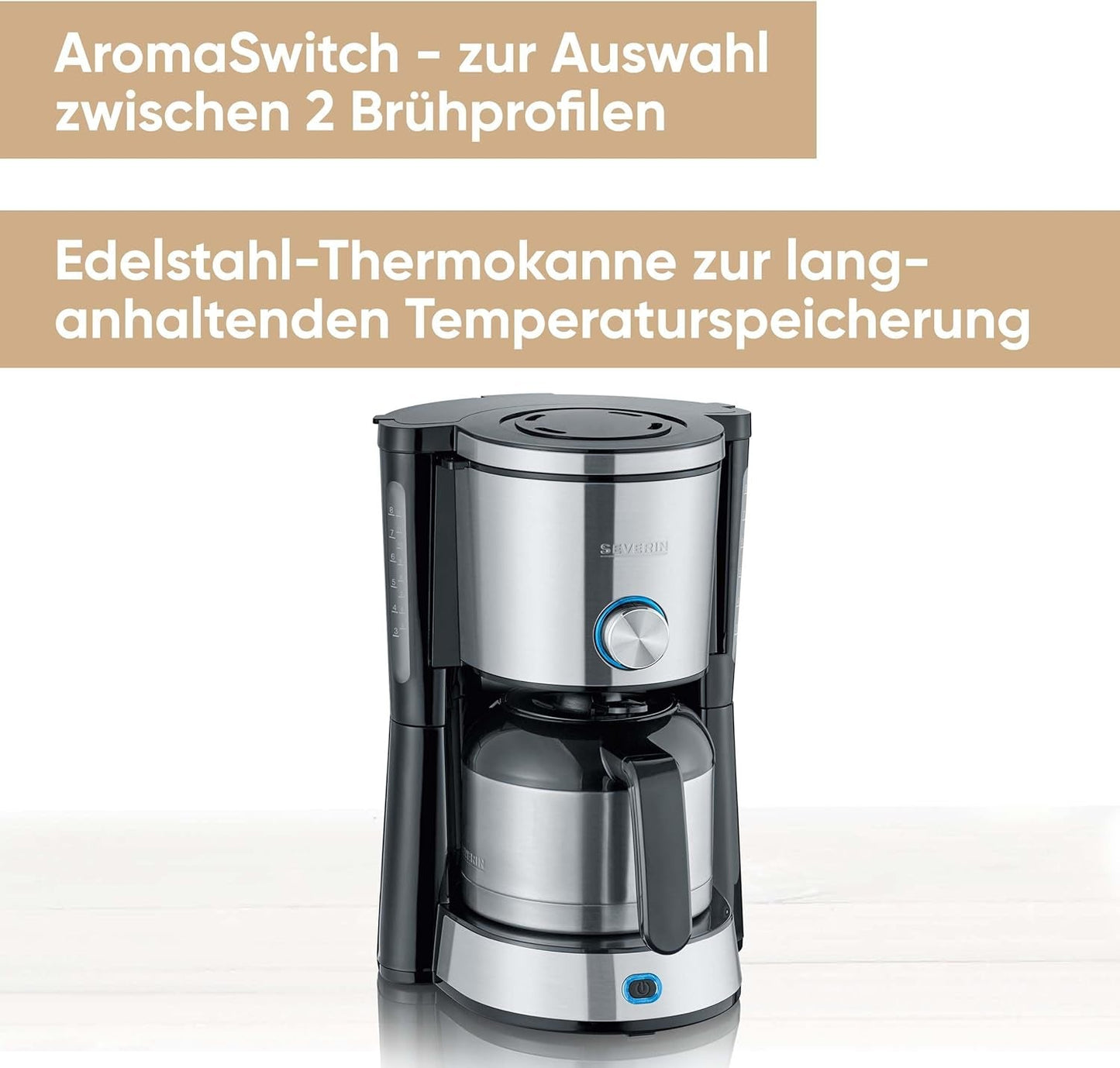 Espresso kávovar SEVERIN "TypeSwitch" s termální karafou, AromaSwitch pro výběr mezi 2 spařovacími profily, kávovar až na 10 šálků, 1000W, broušená nerez-černá, KA 4845