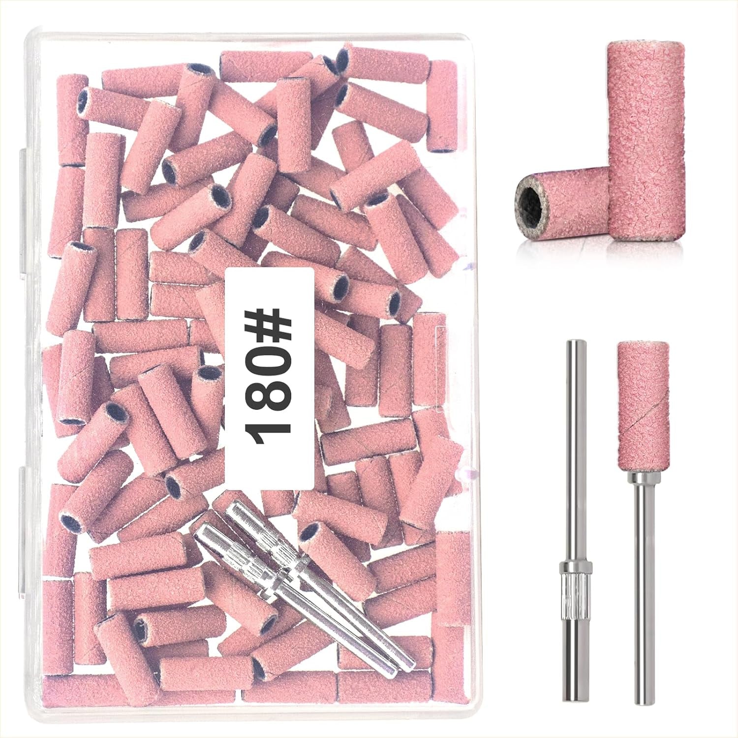 BLESWIN 100 ks malé brusné pásy na vrtáky na nehty, jemná zrnitost 240 se 2 ks 3mm vrtáků, mini brusné pásy na leštění přírodních nehtů a čištění kůžičky na přípravu, růžová