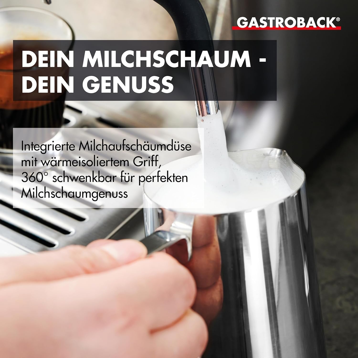 Kávovar GASTROBACK s mlýnkem včetně konvičky na mléko, lis a portafiltr z nerezové oceli - Kávovar Barista s napěňovačem mléka - Kávovar s 30 nastaveními mletí