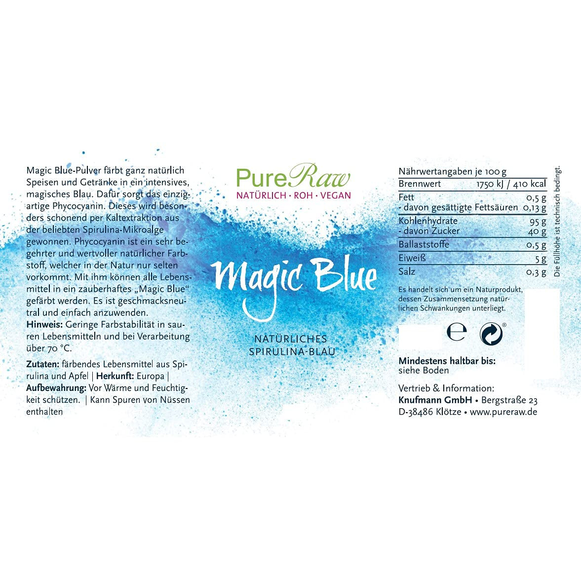 Magic Blue Spirulina Natural Food Color Powder Blue (Raw Vegan) Tmavě modrá až světle pastelově modrá - Phycocyanin Algae Powder Food Color - Natural Food Color | Pureraw 5G
