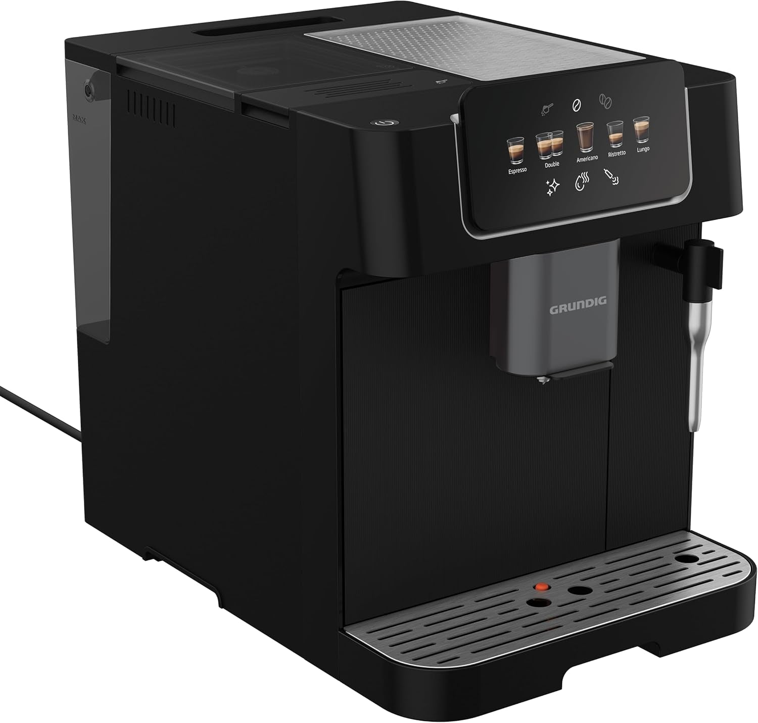 Plně automatický espresso kávovar GRUNDIG KVA 6230 s napěňovačem mléka, nerezový mlýnek s 13 nastaveními mletí, nádoba na kávová zrna 250 g, vyjímatelná nádrž na vodu 2 litry, tlak čerpadla 19 bar, dotykový displej, černá