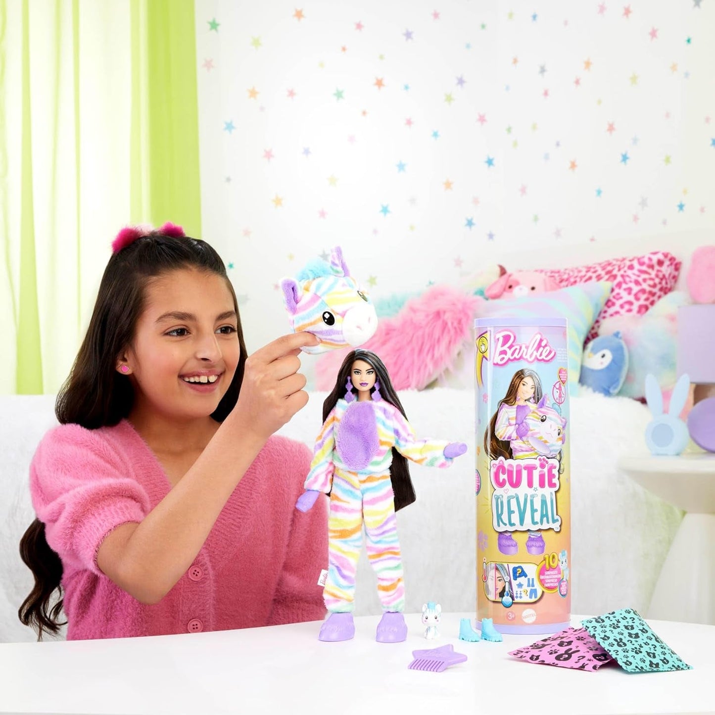 Panenka Barbie Cutie Reveal a doplňky, plyšový obleček Rainbow Zebra a 10 překvapení měnících barvu, řada Color Dream, 39 HRK