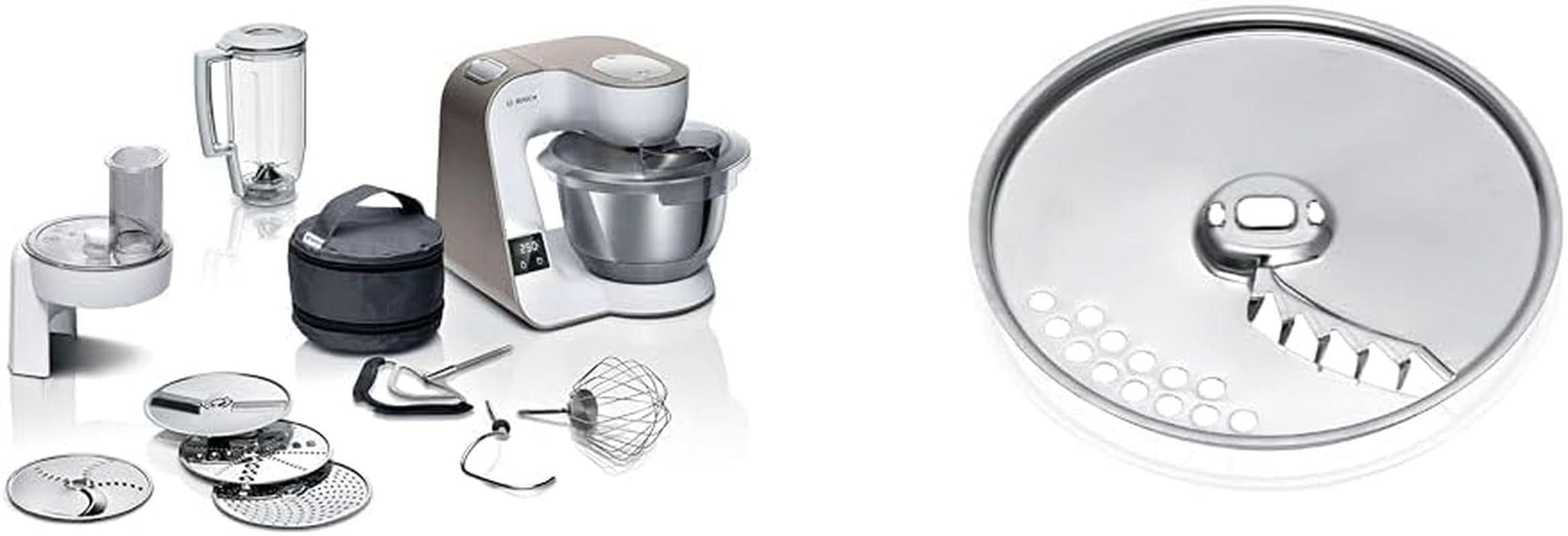 Kuchyňský robot Bosch Series 4 MUM5X720, integrovaná váha, nerezová mísa 3,9L, mixér 1,25L, 1000W Příslušenství Potraviny a kojení Bebe Naty Shop Sada disků Champagne White 2 příslušenství