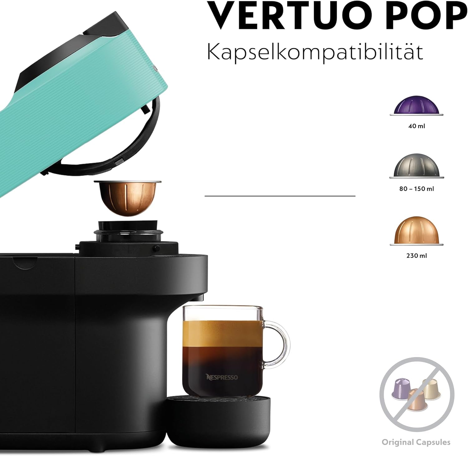 Espresso kávovar s kapslemi Nespresso Krups Vertuo Pop, objem: 560 ml, automatické rozpoznání kapslí, systém jedním dotykem, 4 velikosti šálků, zkrácená doba ohřevu, udržitelný, Aqua Mint, XN9204